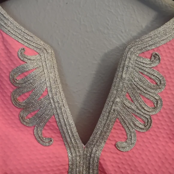 Lilly Pulitzer Janice Shift Dress Coral Reef Pink with Metallic Gold Embroidery. - Picture 12 of 13